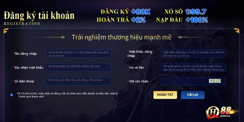 Bảng hiển thị các thông tin cần thiết để đăng ký QH88